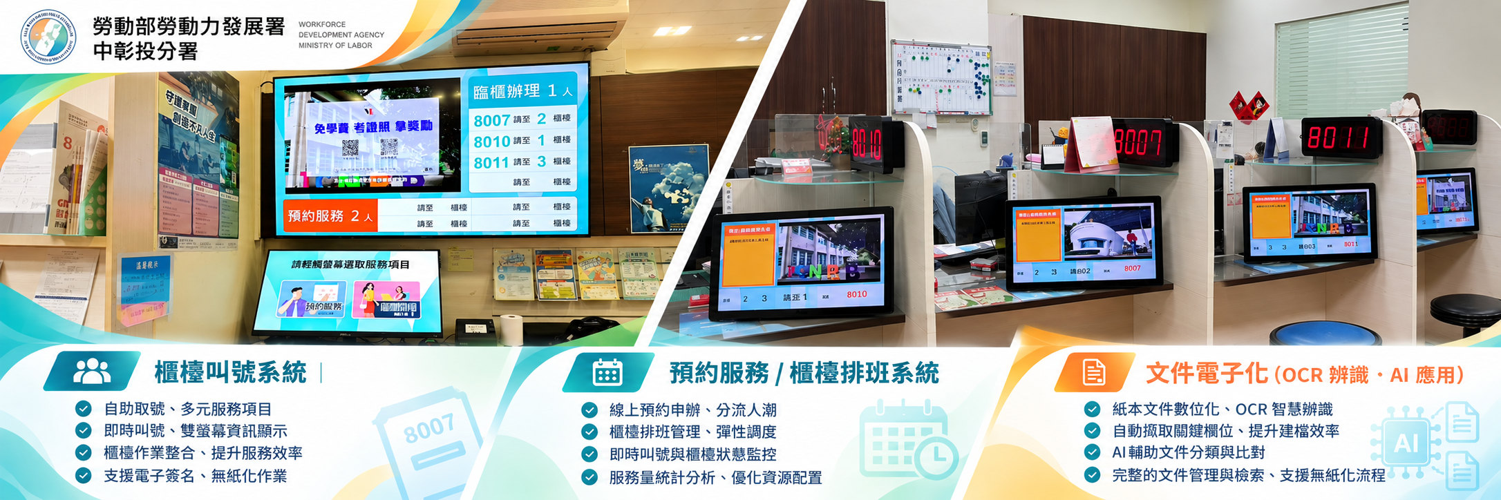偉迅科技為勞動部勞動力發展署中彰投分署建置櫃檯叫號、預約排班與文件電子化系統
