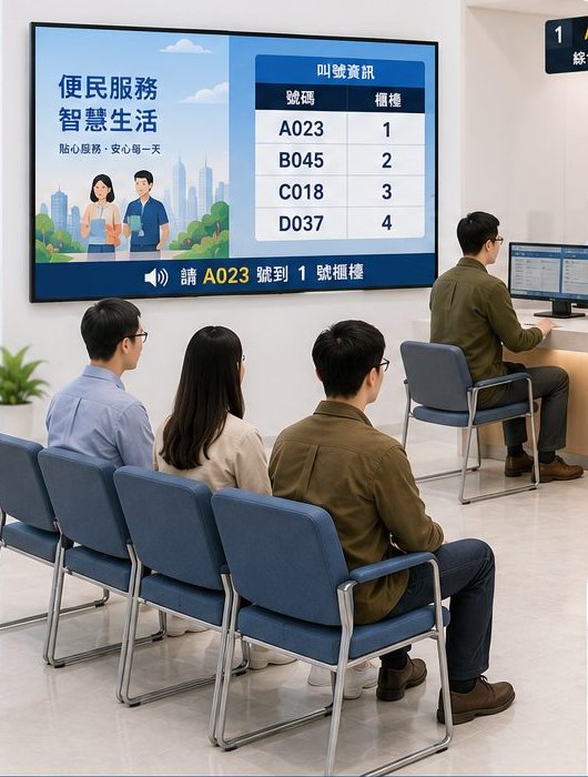 等候區的多媒體叫號看板，同時顯示叫號資訊與宣導影片