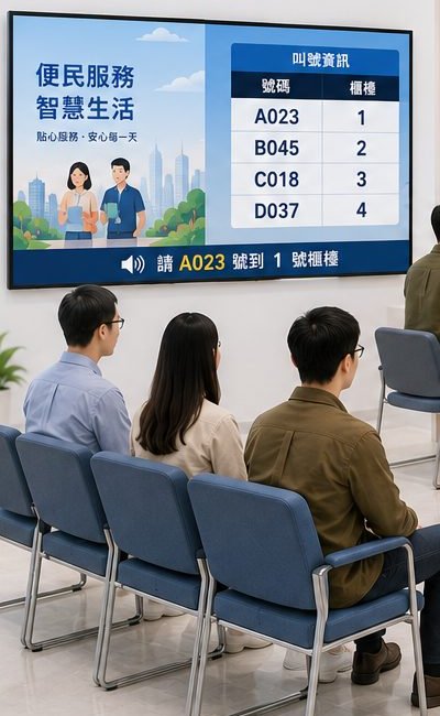 民眾在等候區觀看叫號看板與宣導影片