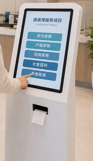 落地式觸控取號機，螢幕顯示服務項目選單