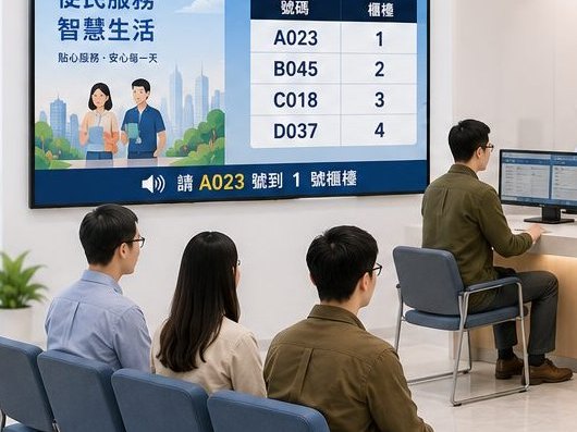 民眾在等候區看叫號看板，看板顯示號碼並語音叫號